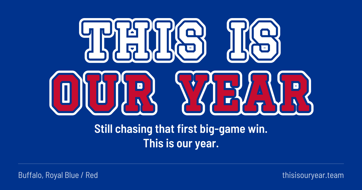 THIS IS OUR YEAR in block letters, in Buffalo colors (Royal Blue / Red). Still chasing that first big-game win. This is our year.