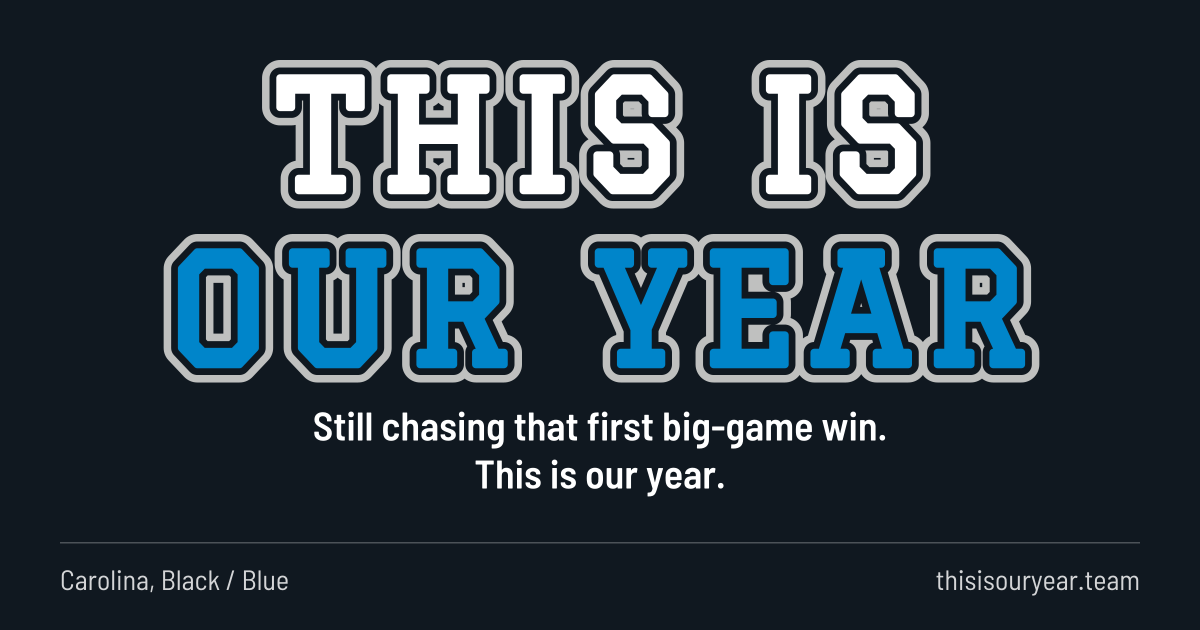 THIS IS OUR YEAR in block letters, in Carolina colors (Black / Blue). Still chasing that first big-game win. This is our year.