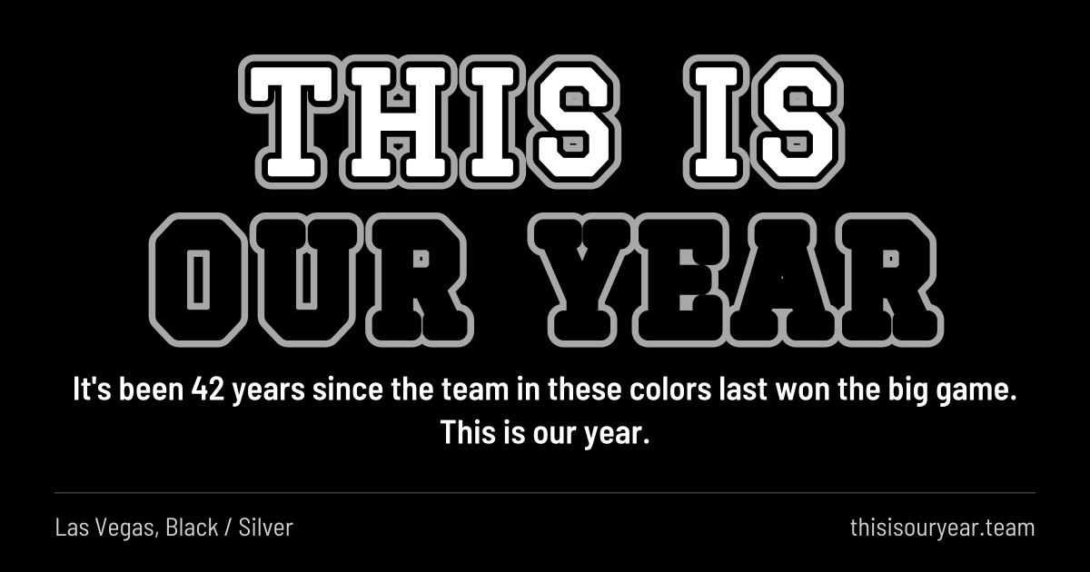 THIS IS OUR YEAR in block letters, in Las Vegas colors (Black / Silver). It's been 42 years since the team in these colors last won the big game. This is our year.