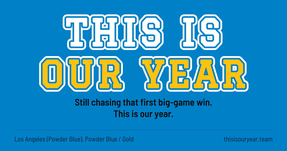 THIS IS OUR YEAR in block letters, in Los Angeles (Powder Blue) colors (Powder Blue / Gold). Still chasing that first big-game win. This is our year.